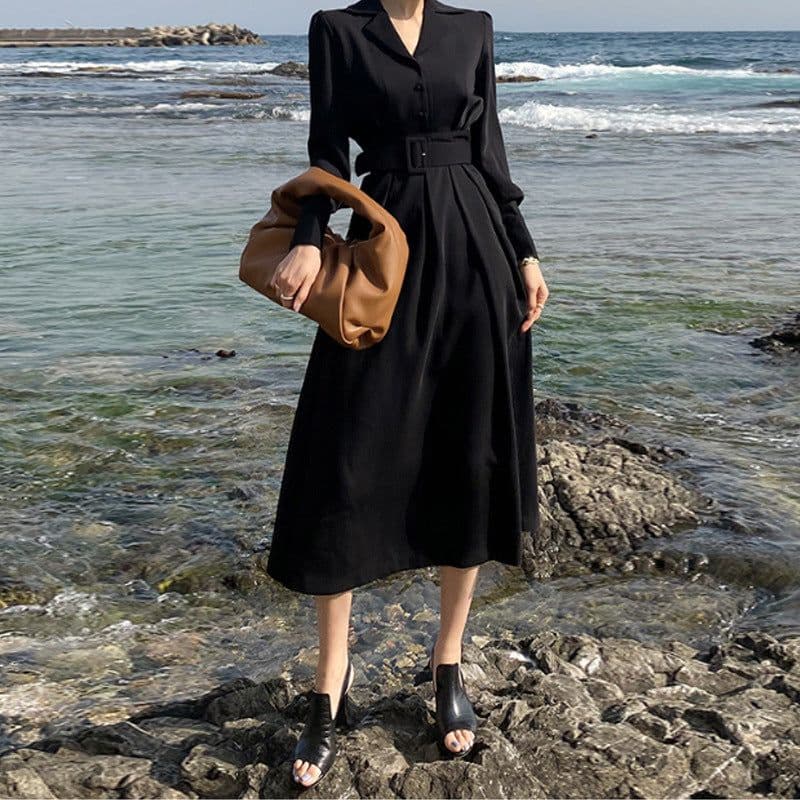 image-Women's High-Waisted Chic Autumn Dress with Belt, Black, L