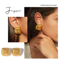 image-Heavy Industry Light Luxury Exquisite Personality Versatile Non-fading 18k Gold Stainless Steel Knitted Texture Earrings for Women