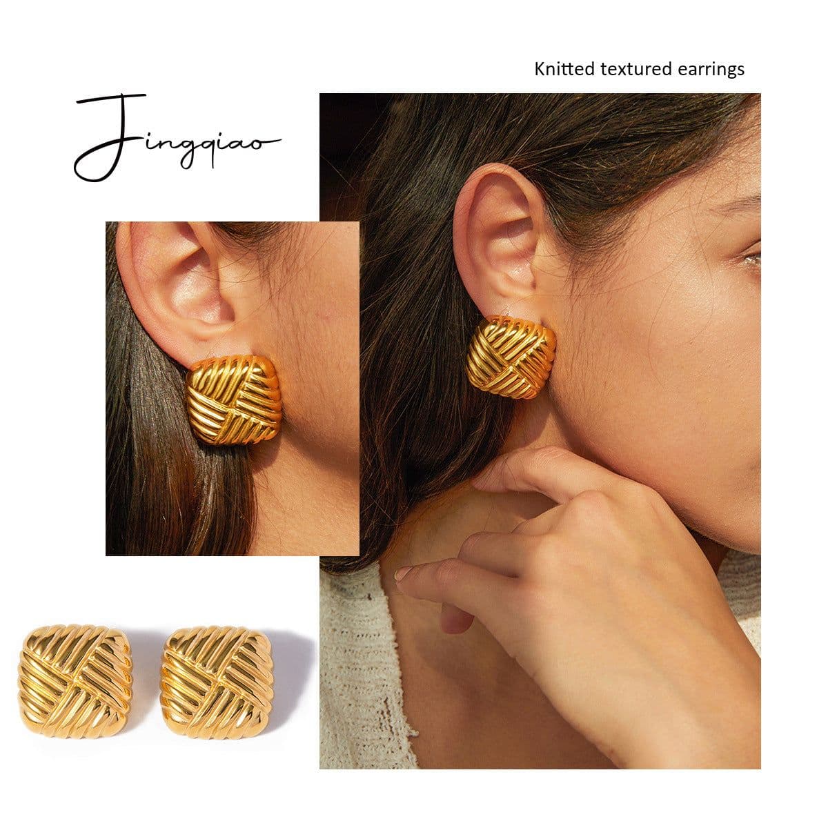 image-Heavy Industry Light Luxury Exquisite Personality Versatile Non-fading 18k Gold Stainless Steel Knitted Texture Earrings for Women