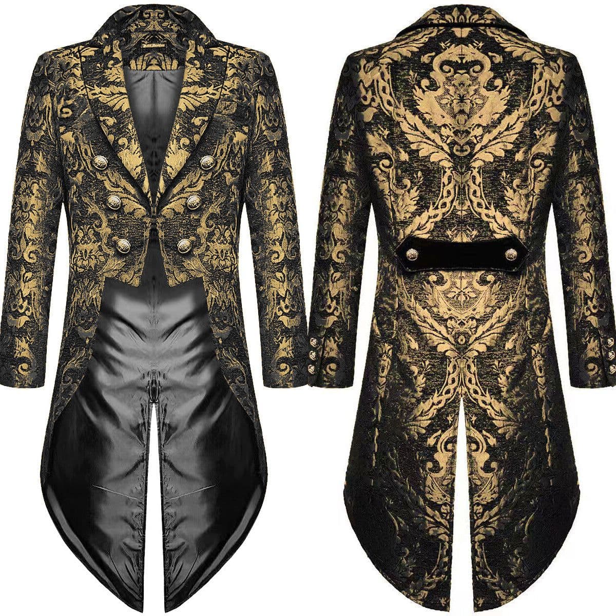 image-Fashion Men's Gothic Steampunk Tailcoat Jacket Black Damask Wedding Coat