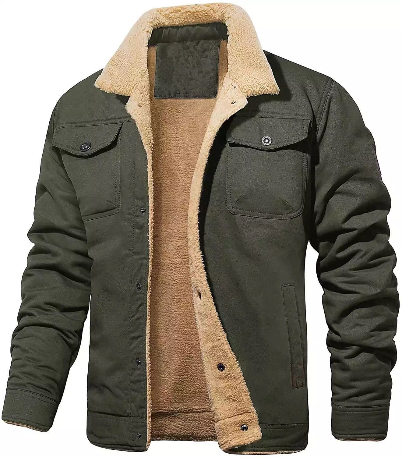 image-Men's Jacket - Army Green Fleece Lined Work Casual Coat