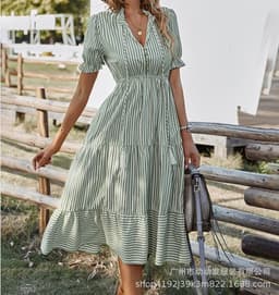image-European & American Summer Stripe Dress - Khaki V-Neck XL