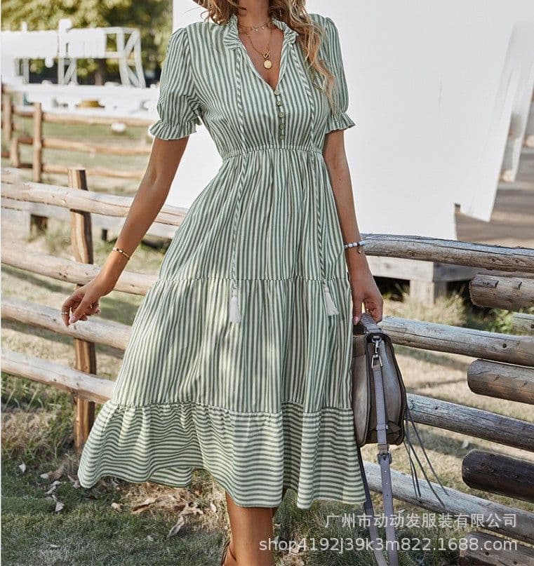 image-European & American Summer Stripe Dress - Khaki V-Neck XL