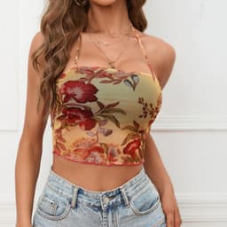 image-Women's Flower Printed Halter Mesh Camisole