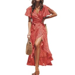 image-Chiffon Dress - Green V-Neck High Waist Petal Sleeve