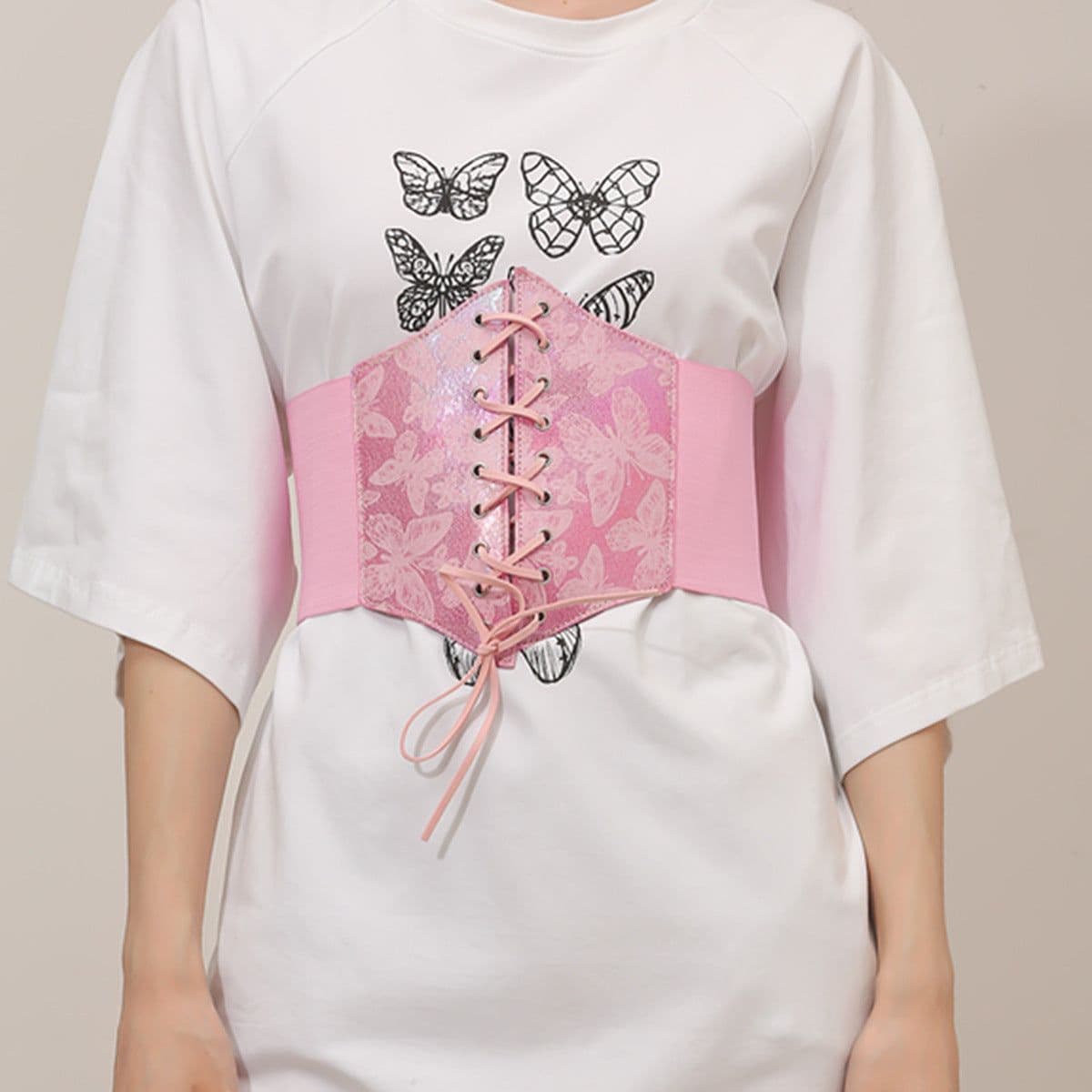 image-Women's Butterfly Print Elastic Waist Belt - White