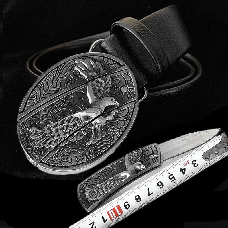 image-Men's Belt Knife - Trendy PU Leather, Alloy Buckle, 130cm
