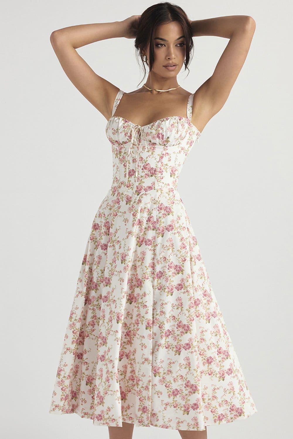 image-Women's Floral Sleeveless Midi Dress - Green Lace-Up