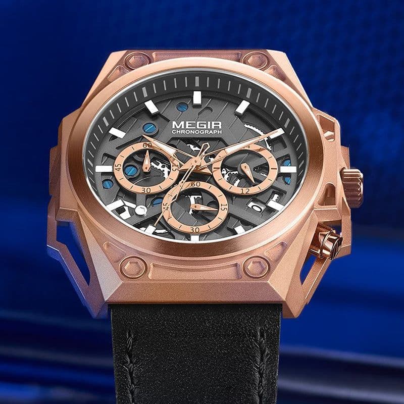 image-Megir 47mm Chronograph Sports Watch - Stainless Steel 50m Waterproof Black Strap