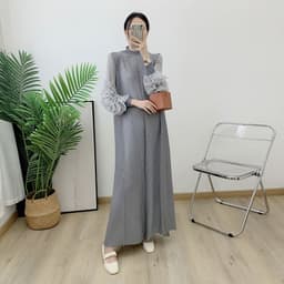 image-Royal Blue Pleated Long Dress - Polyester Loose Fit