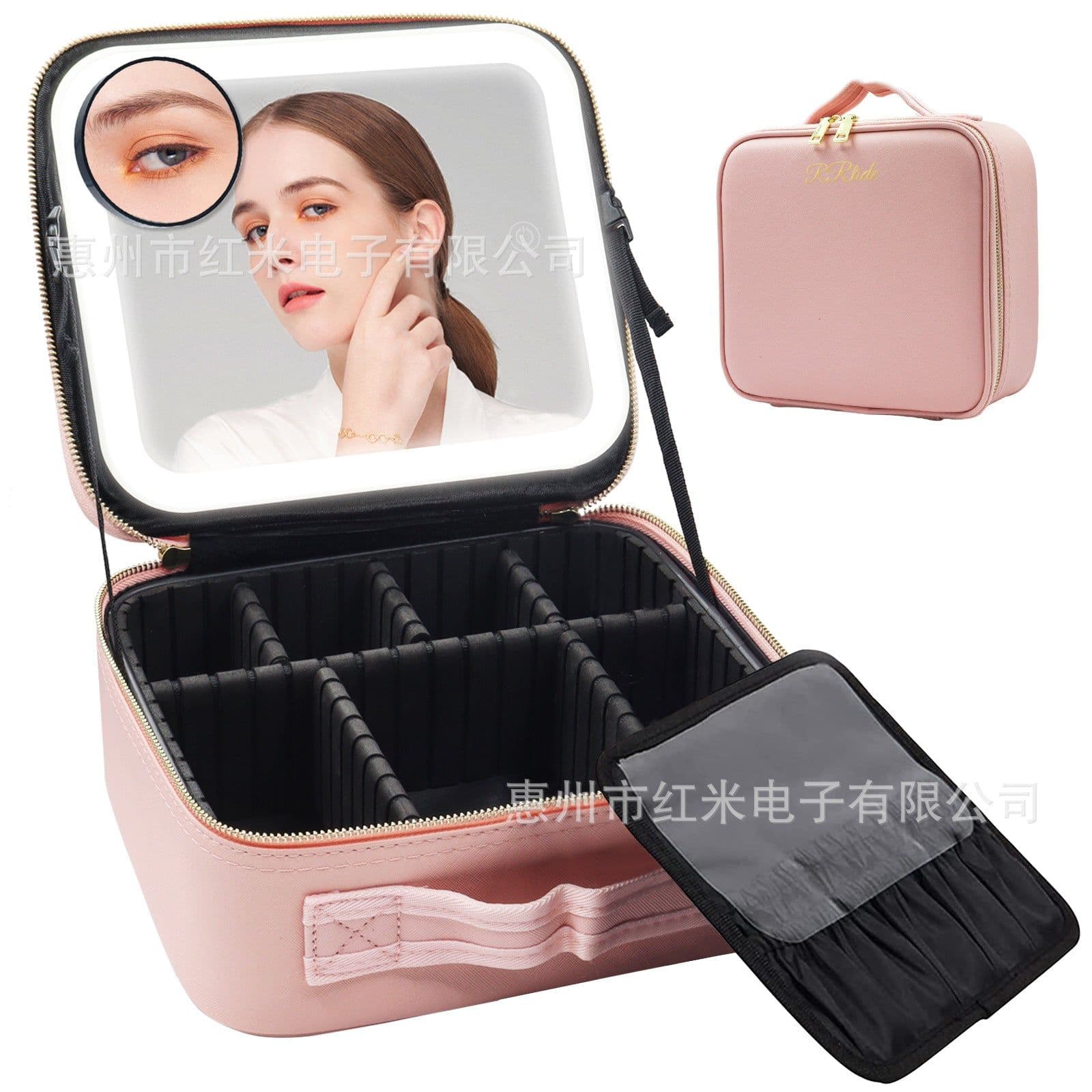 image-Cross-border new LED full-screen lighted mirror cosmetic bag portable portable large-capacity cosmetic case magnifying glass