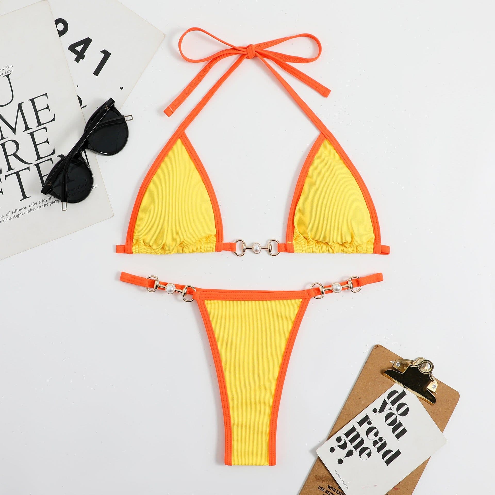 image-2024 Cross-border European and American foreign trade new swimsuit sexy solid color metal bikini swimsuit female bikini suit