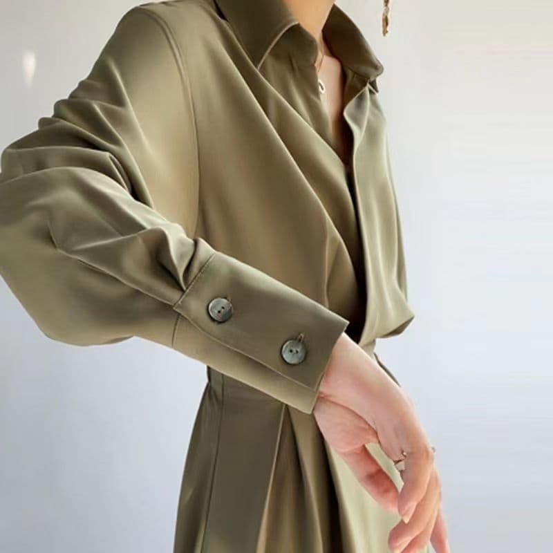image-Polyester Midi Dress - Orange Long Sleeve POLO Collar