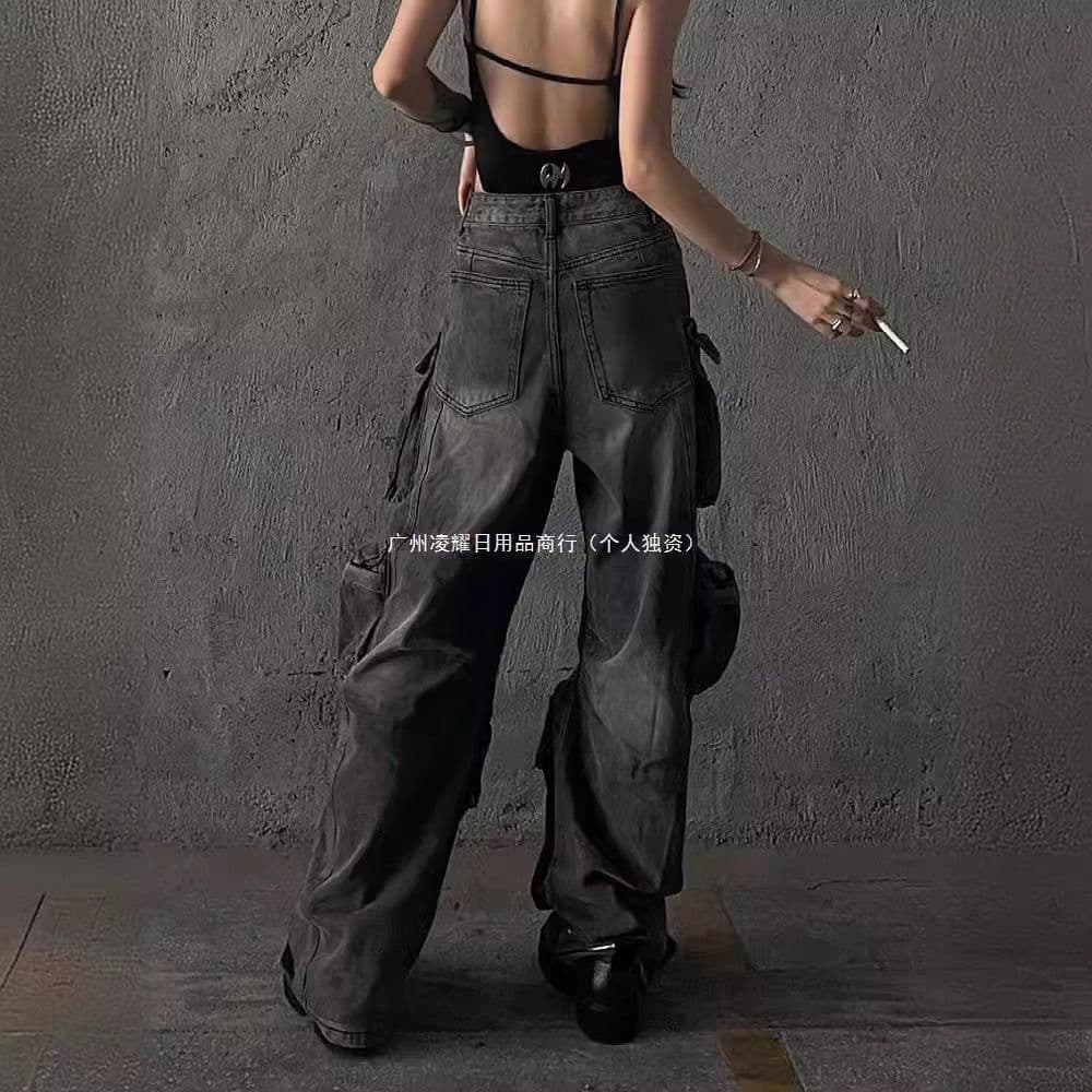 image-Large Size Retro Multi-Pocket Jeans - Y2K Low-Waisted