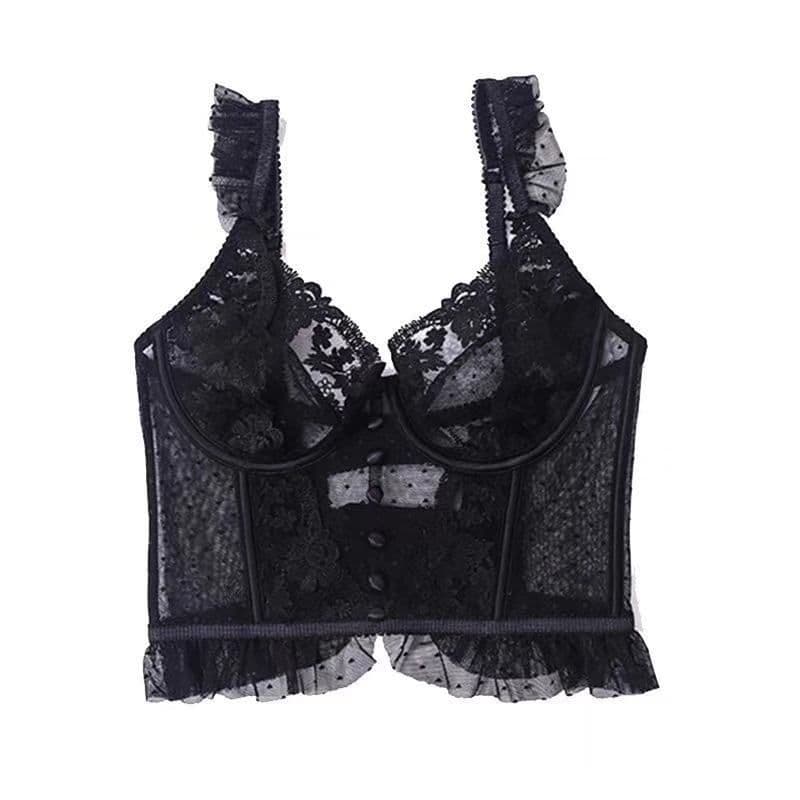 image-New French style sexy ultra-thin shapewear heavy industry embroidery perspective sexy multi-breasted corset bra set