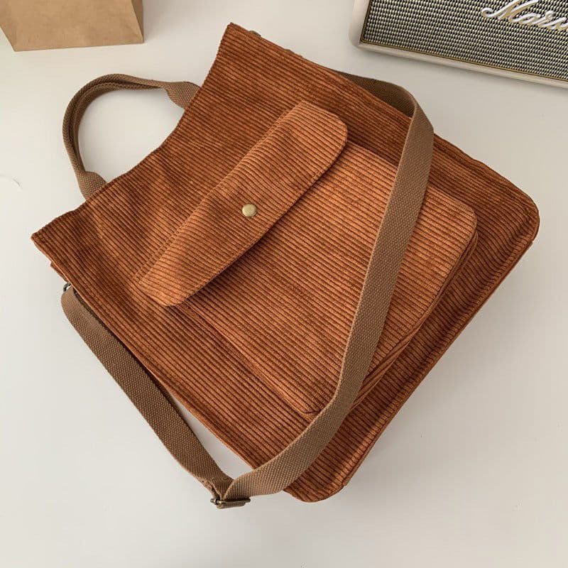 image-Canvas Khaki Corduroy Shoulder Bag - Vintage Square