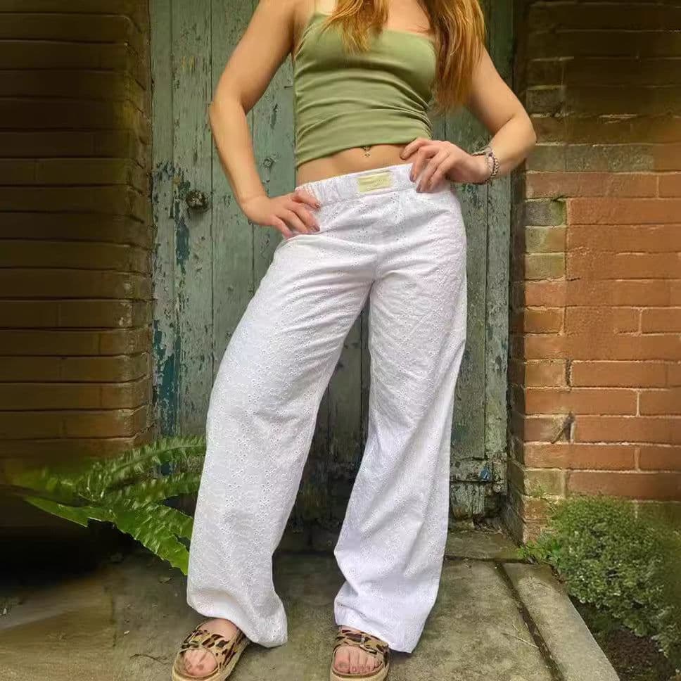image-Women's Striped Wide-leg Trousers - Light Blue Casual