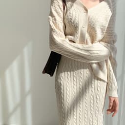 image-Women's Knit Cardigan Skirt Suit Set - Blue Midi