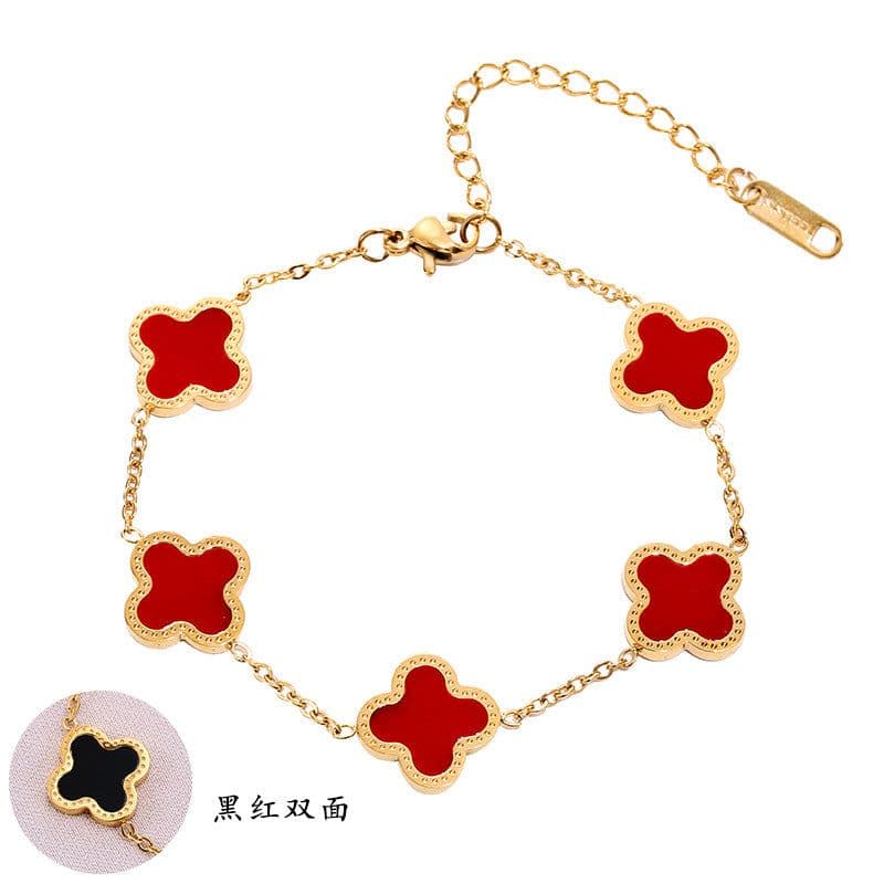 image-Titanium Steel Four-Leaf Clover Bracelet - Black/Red Gold