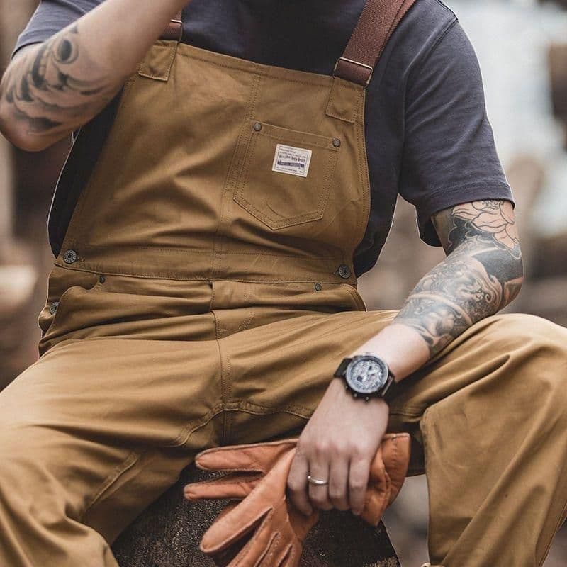 image-Fan Siyuan Retro Khaki Overalls - Men's Straight Pocket Workwear, XXL