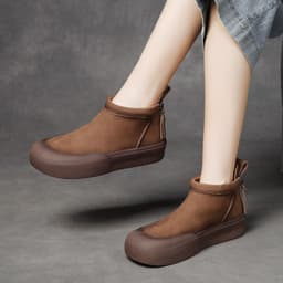 image-Shu Genuine Leather Women's Ankle Boots - Double Zipper Retro Design, Thick Sole, Khaki Brown
