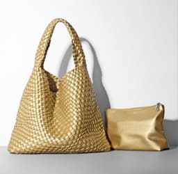 image-Woven Bucket Bag - Black Vegan Leather Large