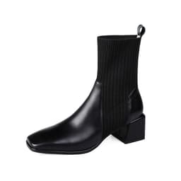 image-Women's Knitted Sock Boots - Square Toe Chunky Heel Ankle
