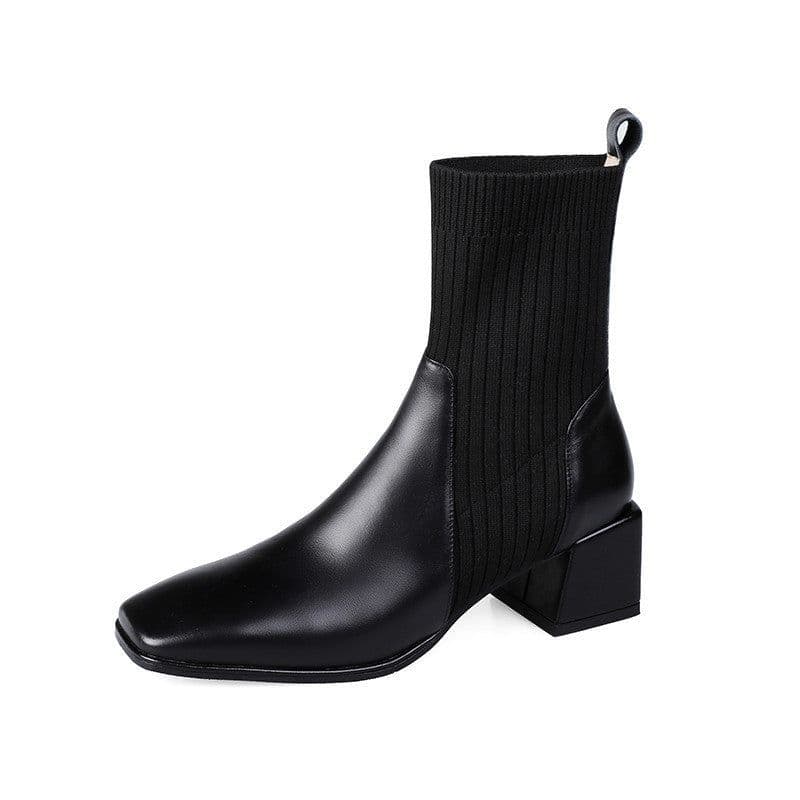image-Women's Knitted Sock Boots - Square Toe Chunky Heel Ankle