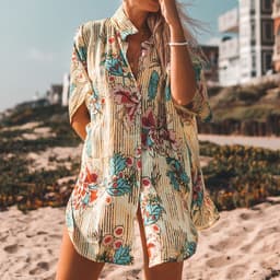 image-Chiffon Beach Cover Up - Printed Button Down Shirt Mid-Length
