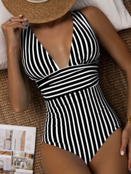 image-Women's One-Piece Swimsuit - Striped Polyester