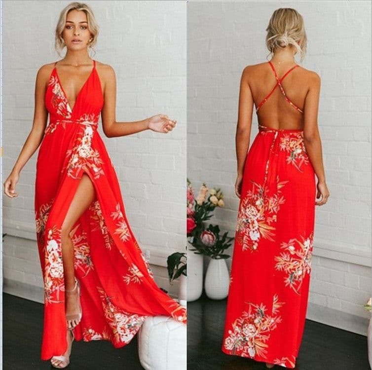 image-Yisa Meier 2021 Summer Beach Dress - Black Sexy Halter Split Print XL