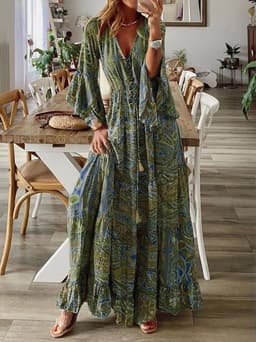 image-Bohemian V-Neck Trumpet Sleeve Holiday Dress Floral Long Skirt - 2023