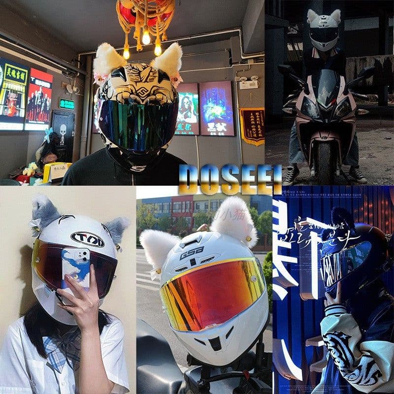 image-Motorcycle Helmet Cat Ears Bow Decoration - Plush Red