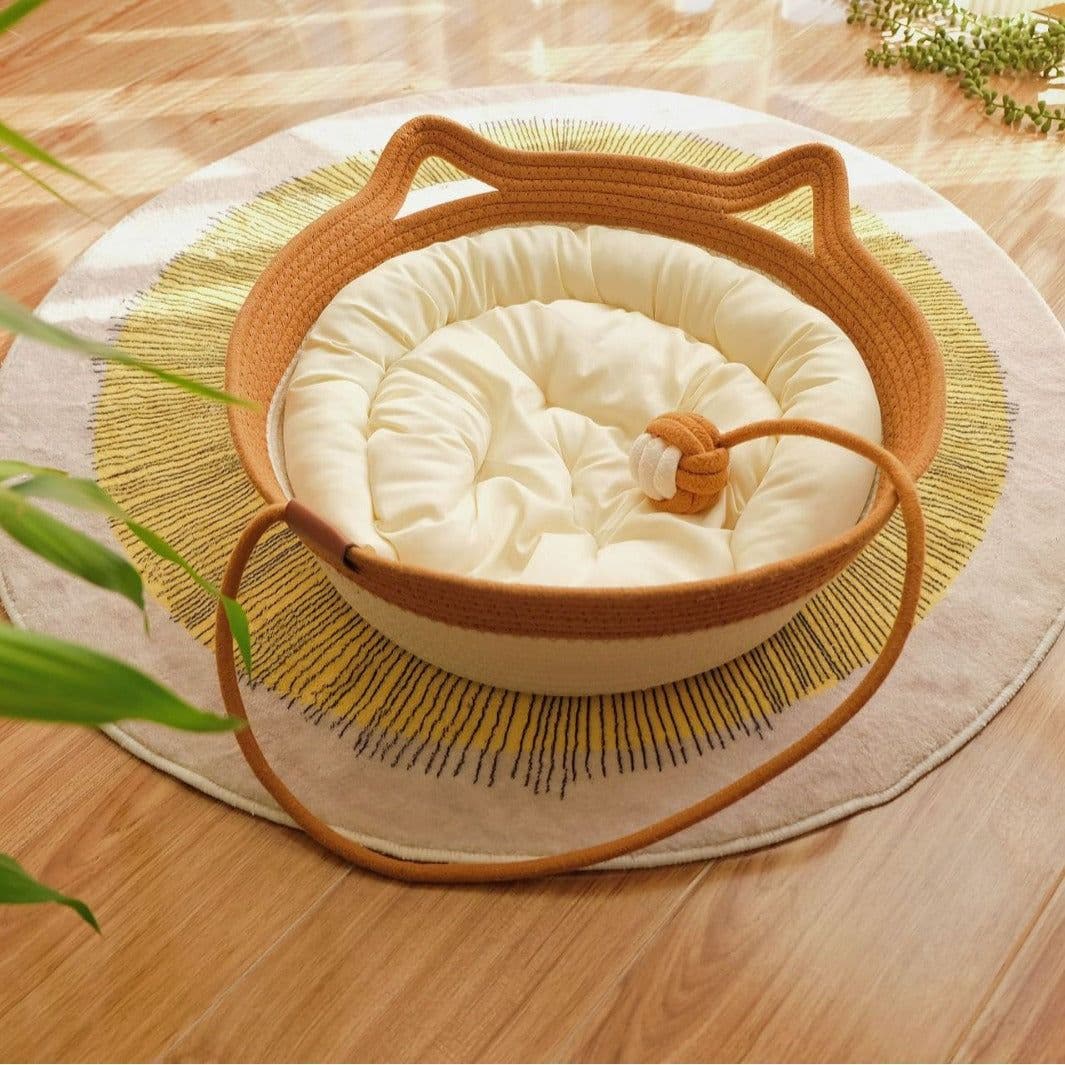 image-Rattan Cat Nest - Brown Woven Pet Bed