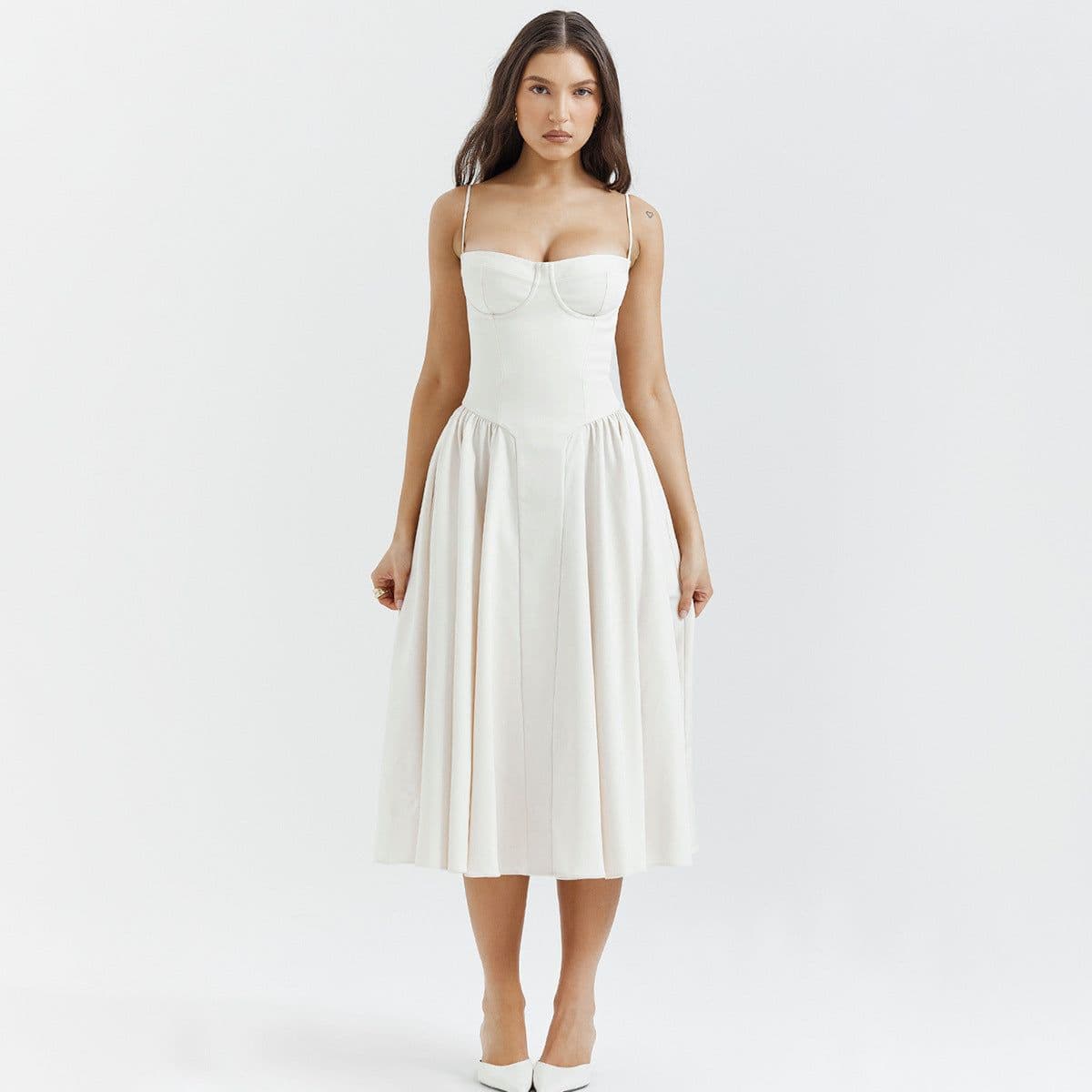image-Dynoppy Sexy V-Neck Sleeveless Women's Dress - Mid-Length, Waist Slimming, Backless