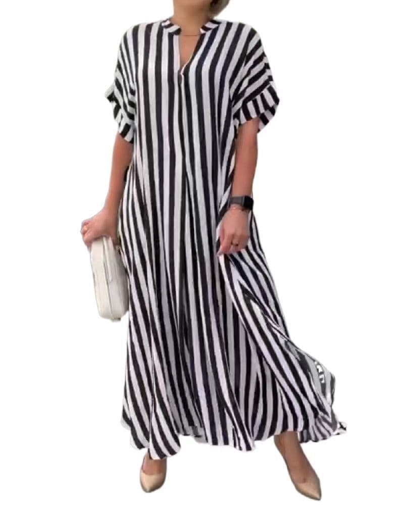 image-Striped Cardigan Dress - Blue V-Neck Long Sleeve