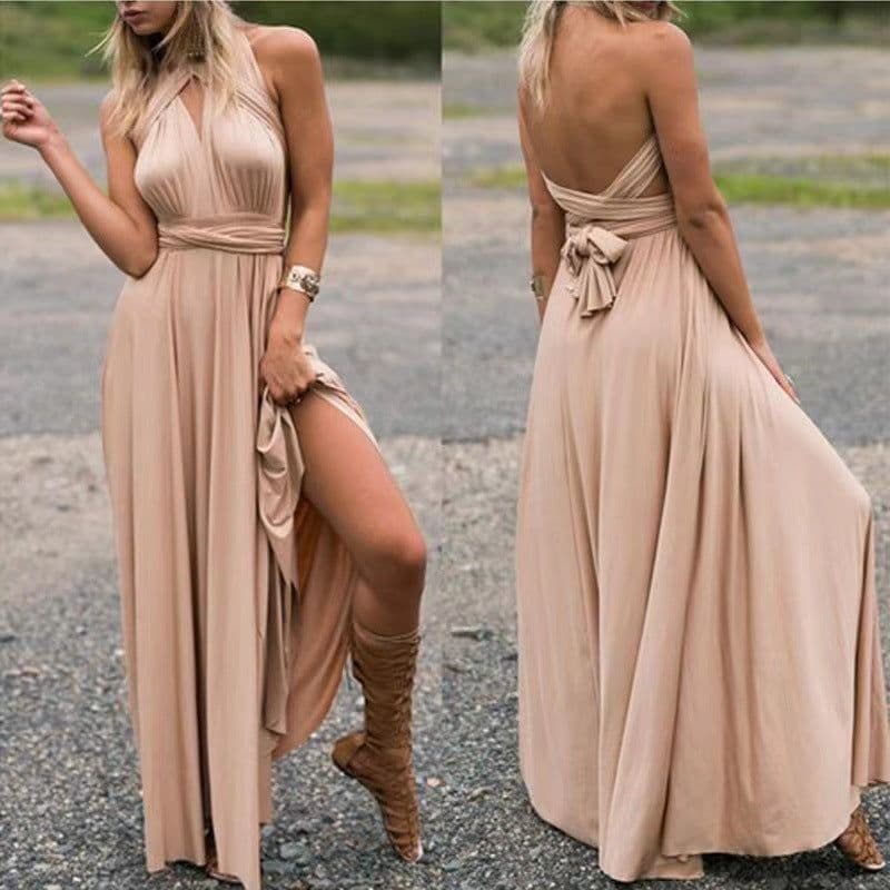 image-Cross-border European and American solid color and various ways to wear sexy strappy red dress long skirt dress bridesmaid dress