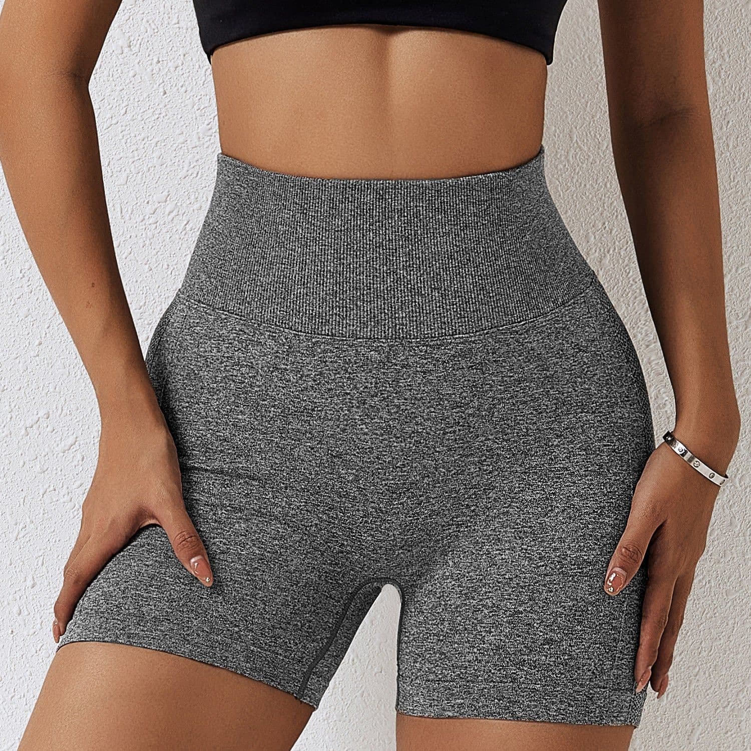 image-Light Gray Yoga Shorts - High Waist Women's Fitness