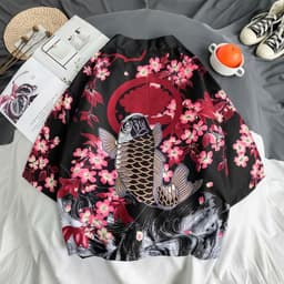 image-A generation of Japanese ukiyo-e Taoist robe sea wave carp kimono male and female couple three-quarter sleeve shirt wholesale