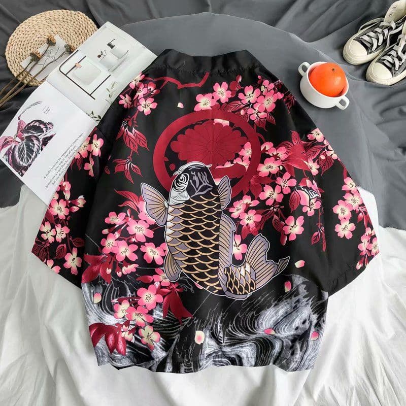 image-A generation of Japanese ukiyo-e Taoist robe sea wave carp kimono male and female couple three-quarter sleeve shirt wholesale
