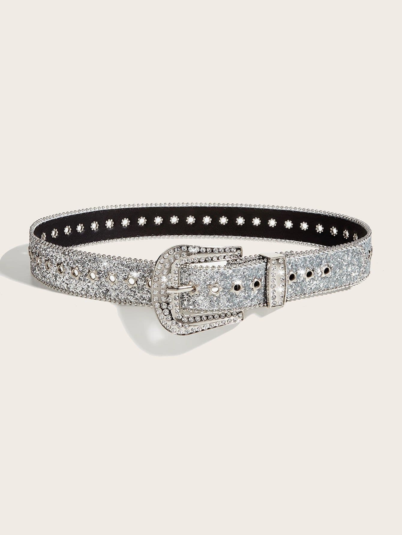 image-Rhinestone Belt Women's Wide Fashion PU Glitter 103cm