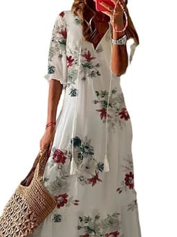image-2022 Women's Floral V-neck Printed Dress - White 3XL