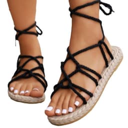 image-2024 summer new cross-border large size round head linen hemp braided flat bottom color matching casual strap Roman sandals in stock