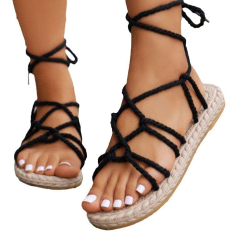 image-2024 summer new cross-border large size round head linen hemp braided flat bottom color matching casual strap Roman sandals in stock