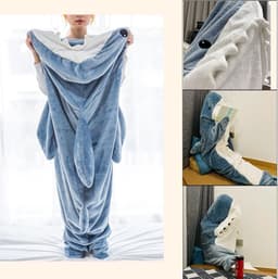 image-Shark Soft Flannel Hoodie Sleeping Bag Pajamas - One Size All Seasons