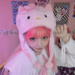 image-Women's Pink Plush Knit Hat - Cartoon Cat Dome Style