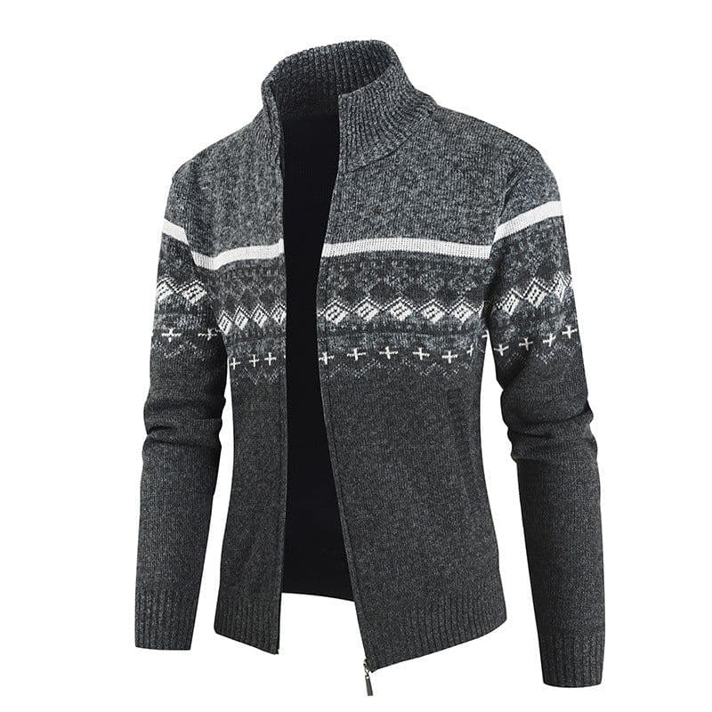 image-Dark Gray Stand Collar Cardigan With Velvet Thickened Knit Sweater Jacket 3XL