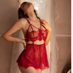 image-Wine Red Lace Suspender Skirt Nightdress Lingerie With Sheer Temptation