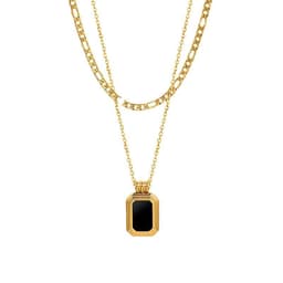 image-Double-layer stacked black square brand necklace women's autumn and winter advanced design collarbone chain niche light luxury titanium steel sweater chain