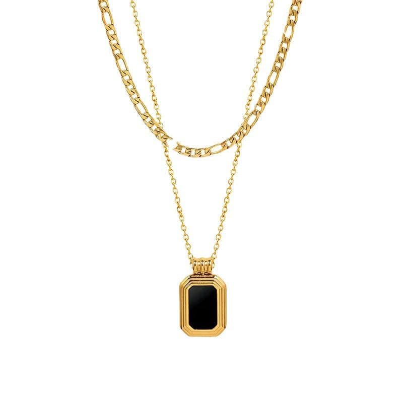 image-Double-layer stacked black square brand necklace women's autumn and winter advanced design collarbone chain niche light luxury titanium steel sweater chain